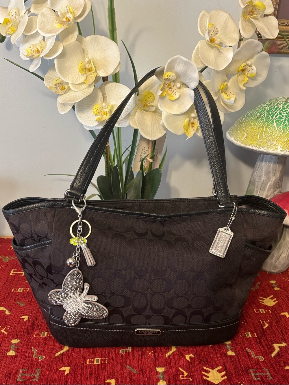 Coach Black Signature Jacquard Shoulder Bag with Charm